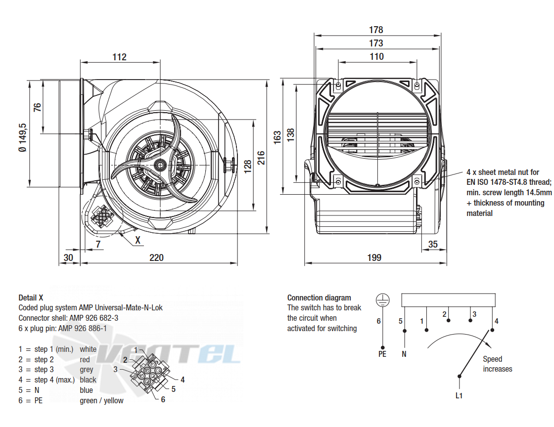 Габаритные размеры Ebmpapst D2E146-HT67-02 Габаритные размеры Ebmpapst D2E146-HT67-02