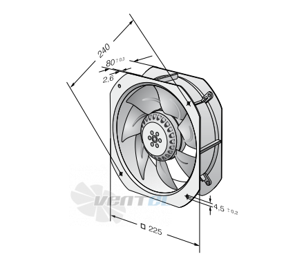 Габаритные размеры Ebmpapst W2E200-HK38-01 225x225x80 Габаритные размеры Ebmpapst W2E200-HK86-01 225x225x80