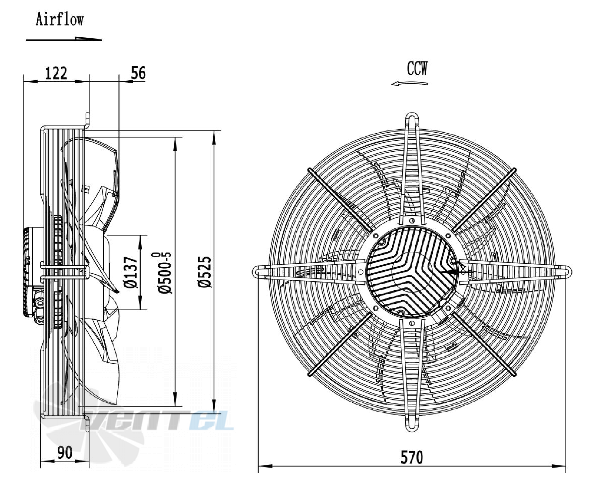 Габаритные размеры Weiguang EC137/40E3G01-AB500/108P1-01-G Габаритные размеры Weiguang EC137/40E3G01-AB500/108P1-01-G