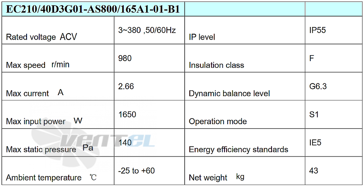 Параметры Weiguang EC210/40D3G01-AS800/165A1-01-B1 Параметры Weiguang EC210/40D3G01-AS800/165A1-01-B1
