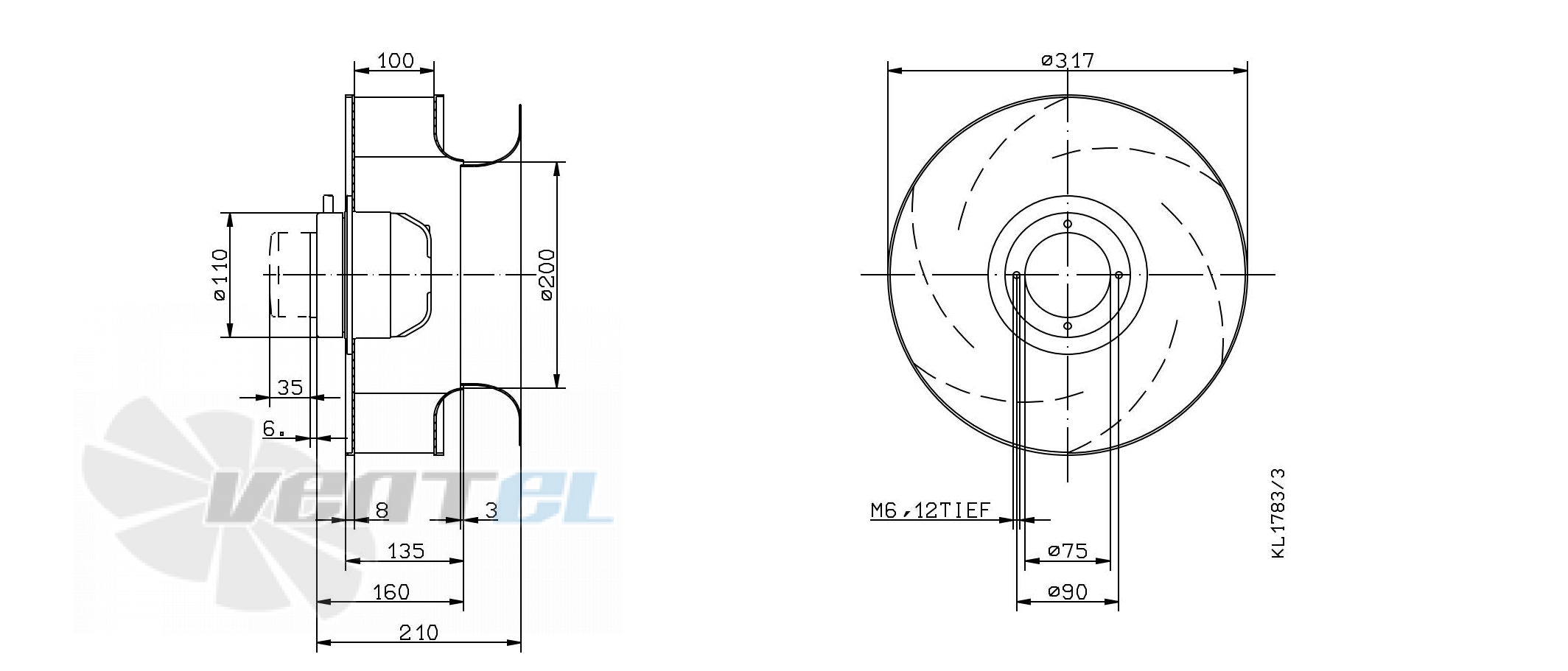 Габаритные и присоединительные размеры Ziehl-abegg RH31M-4DK.2C.1R Габаритные и присоединительные размеры Ziehl-abegg RH31M-4DK.2C.1RR