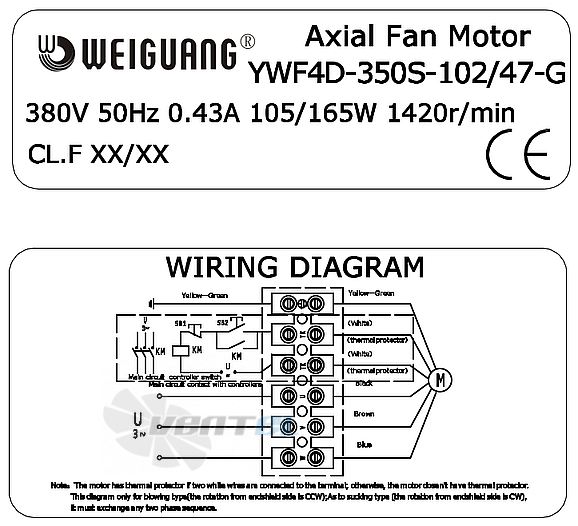 Шильдик и схема электрического присоединения Weiguang YWF4D-350S-102/47-G Шильдик и схема электрического присоединения Weiguang YWF4D-350S-102/47-G