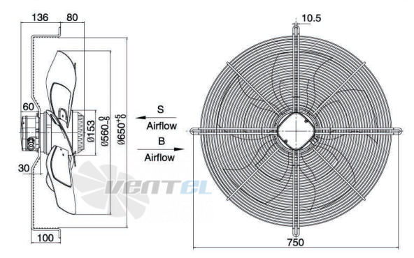 Размеры Weiguang YWF-6E-560-S-145/65-G