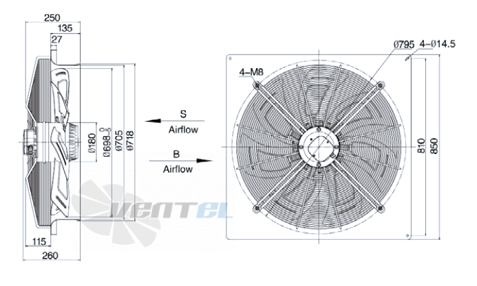 Размеры Weiguang YWF-6D-710-B-180/75-B0