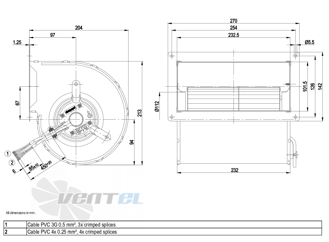 Габаритные размеры Ebmpapst D3G133-BF03-02