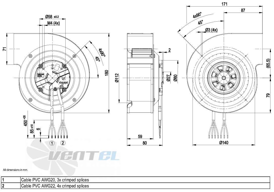 Габаритные размеры Ebmpapst G3G133-DK03-01