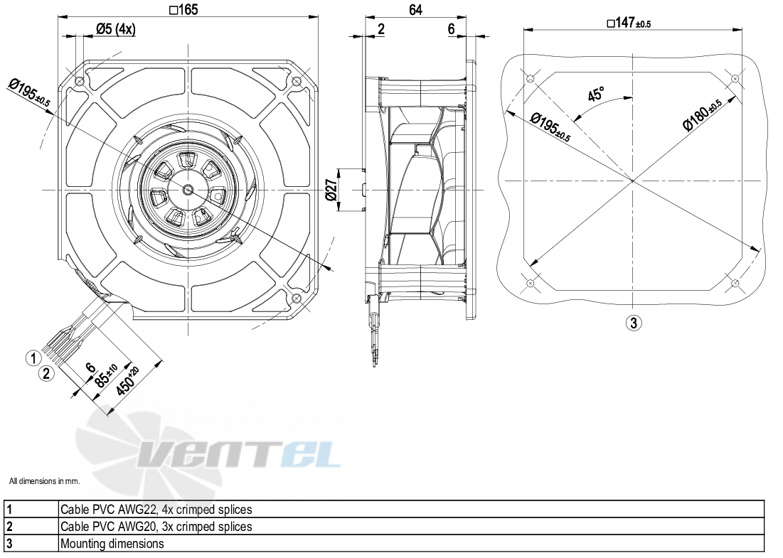 Габаритные размеры Ebmpapst K3G133-RA01-03