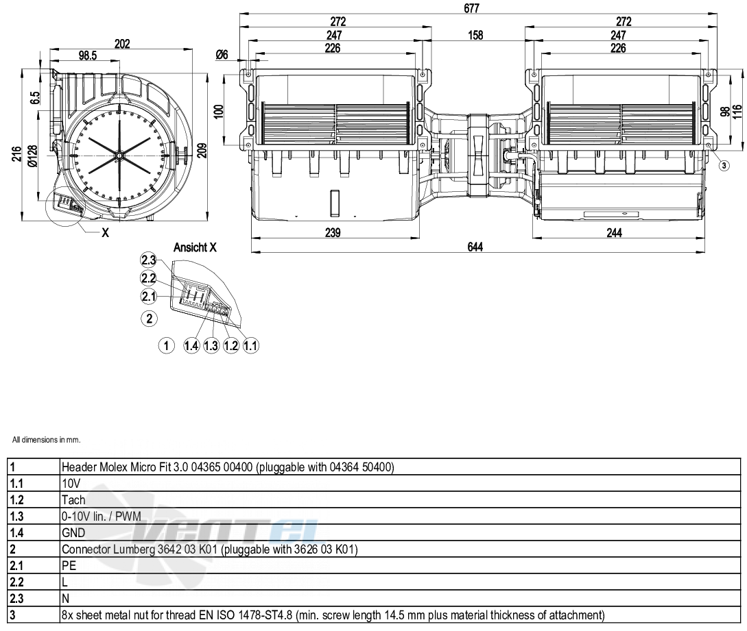 Габаритные размеры Ebmpapst K3G146-AC15-01