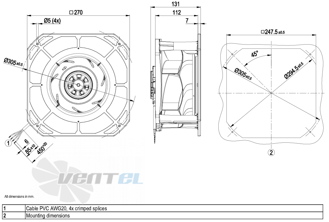 Габаритные размеры Ebmpapst K3G225-RE07-01