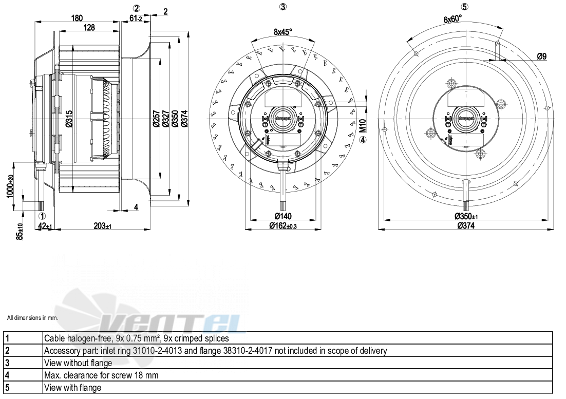 Габаритные размеры Ebmpapst R4D310-CK03-01