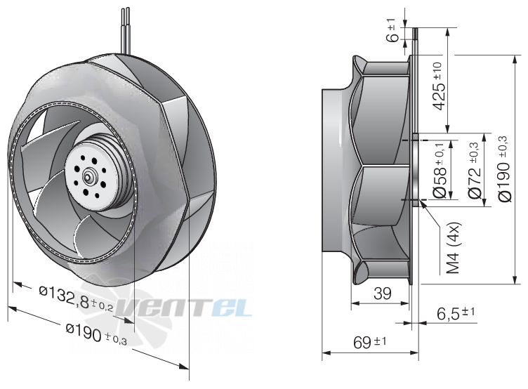 Габаритные размеры Ebmpapst RER190-39-14-2TDMLO