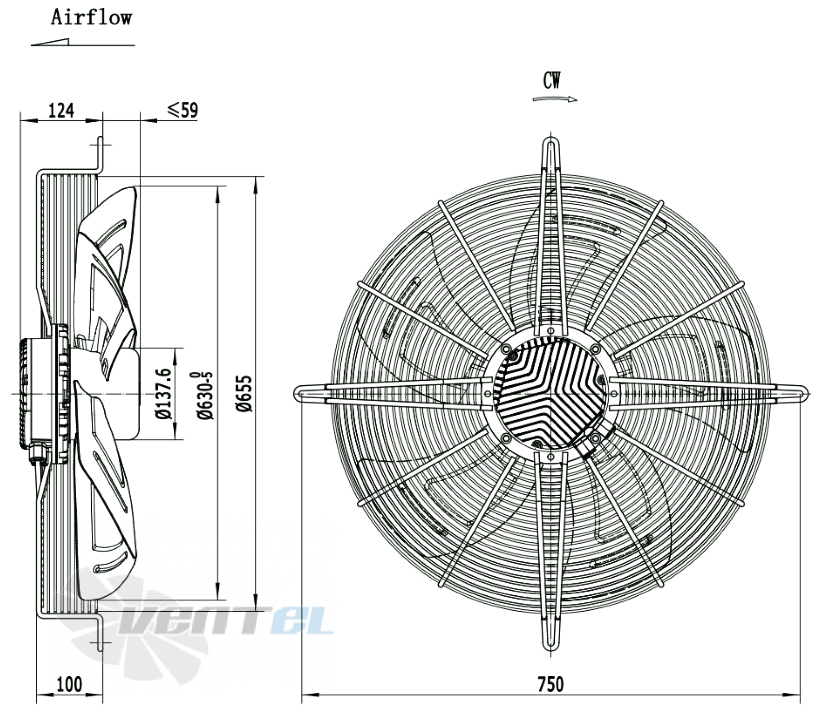 Габаритные размеры Weiguang EC137/60D3G01-AS630/100S1-01-G осевой EC