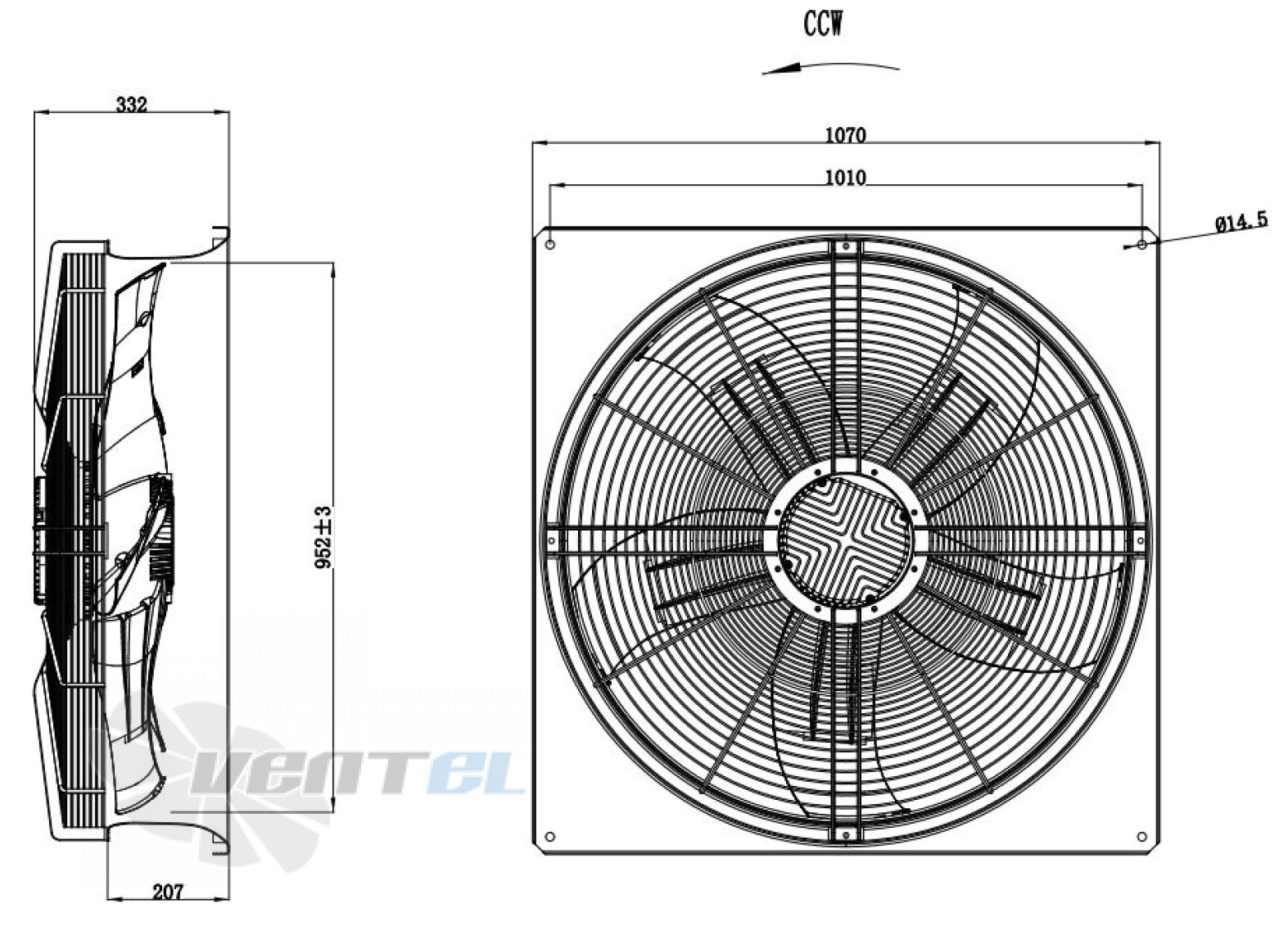 Габаритные размеры Weiguang EC180-120D3G01-AS950-85P1-01-B1