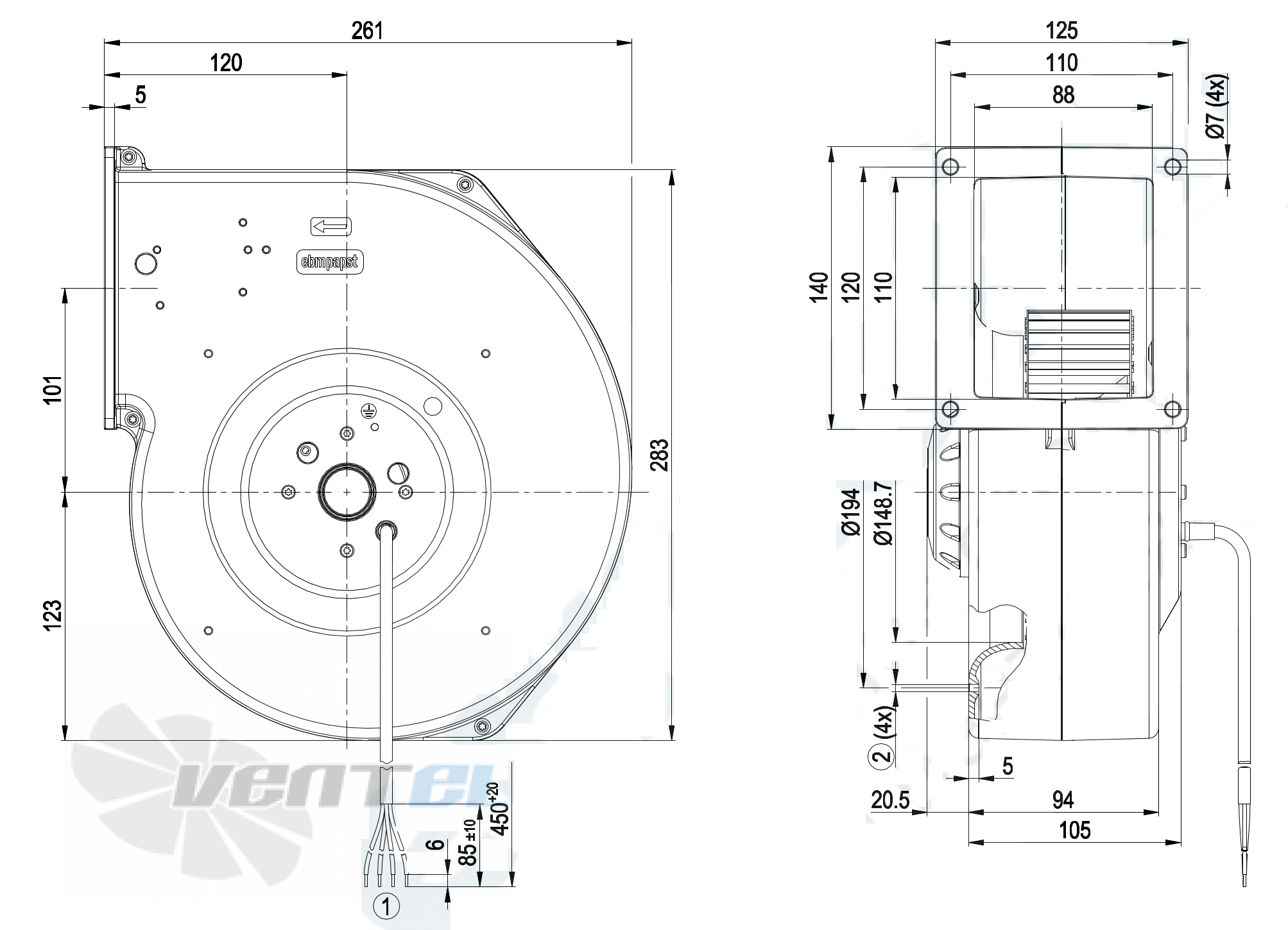 Габаритные размеры Ebmpapst G2E180-AA03-01