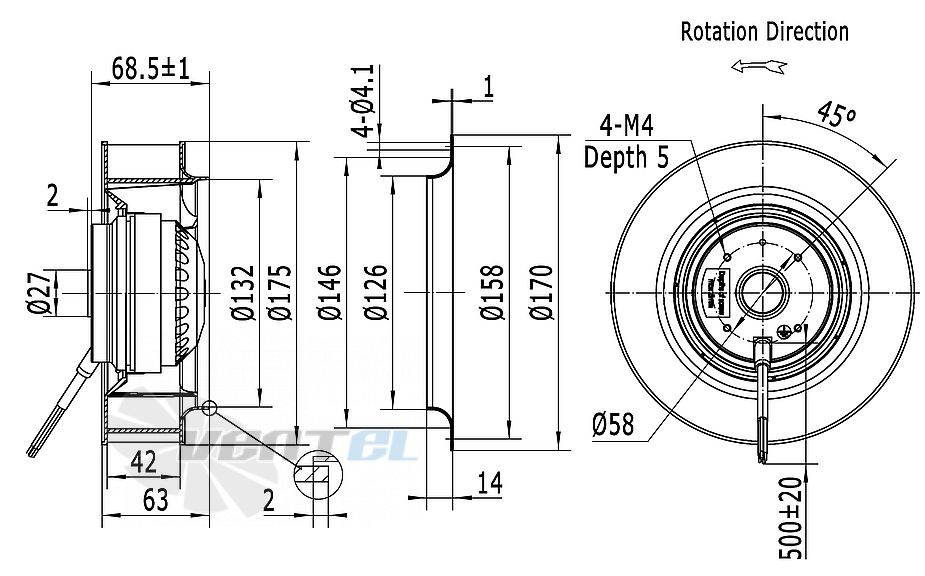 Габаритные и присоединительные размеры Weiguang LXFB2E175-42-P92-15-AA01