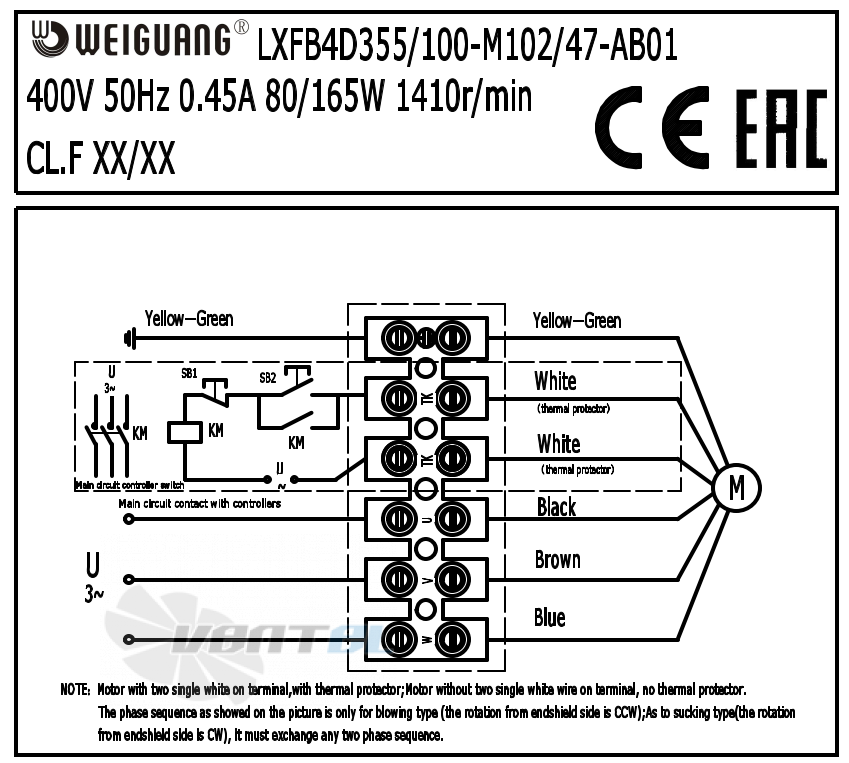 Шильдик и схема электрического присоединения Weiguang LXFB4D355-100-M102-47-AB01 400V