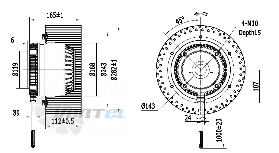 Присоединительные размеры Weiguang LXFF4D280-112-M168-50-AB01