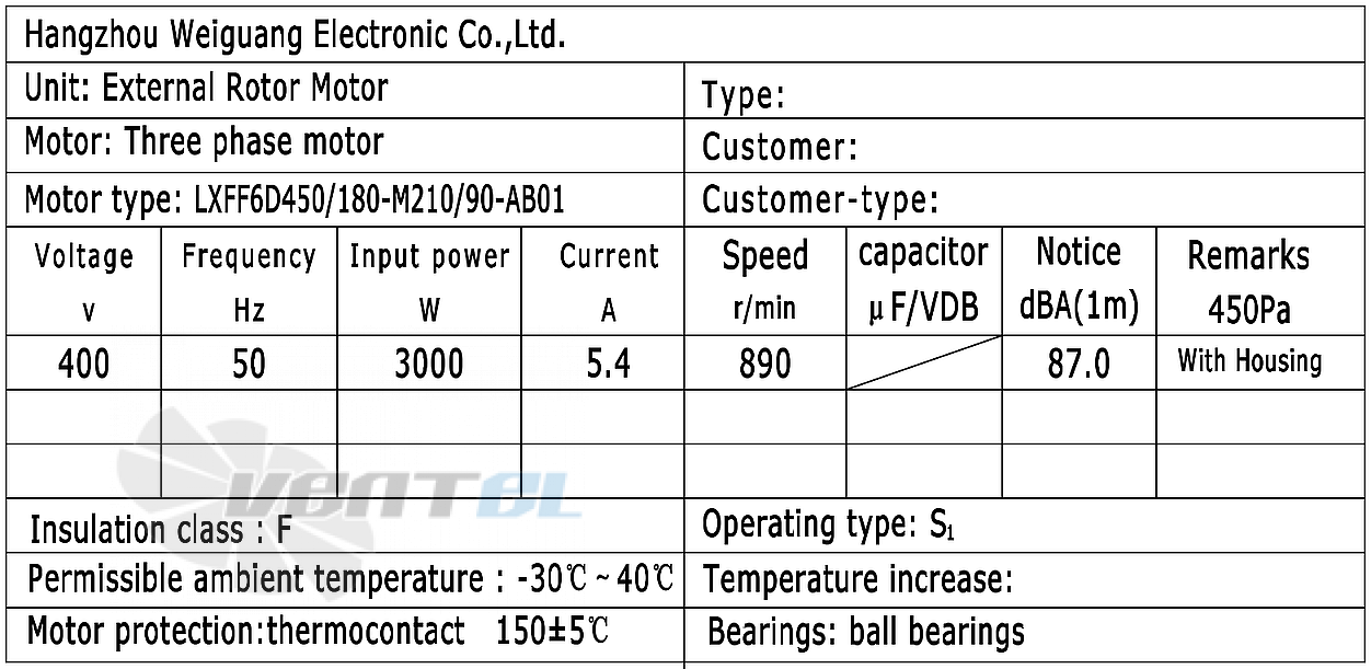 Рабочие параметры Weiguang LXFF6D450/180-M210/90-AB01