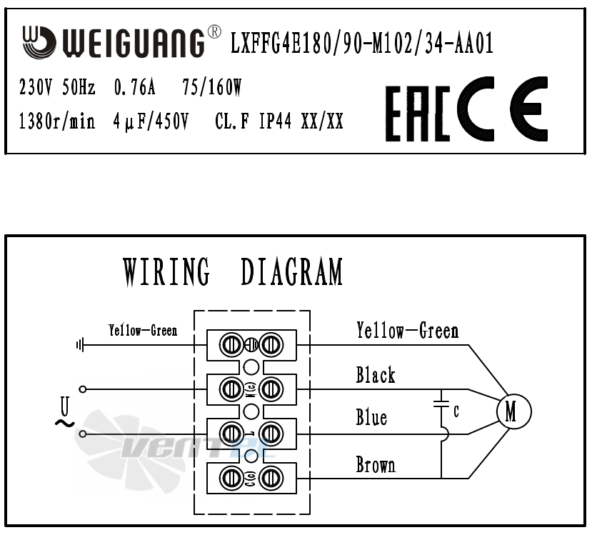 Шильдик и схема электрического присоединения Weiguang LXFFG4E180-90-M102-34-AA01