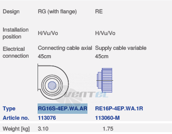 вентилятор RE16P-4EP.WA.1R исполнение, артикул,
