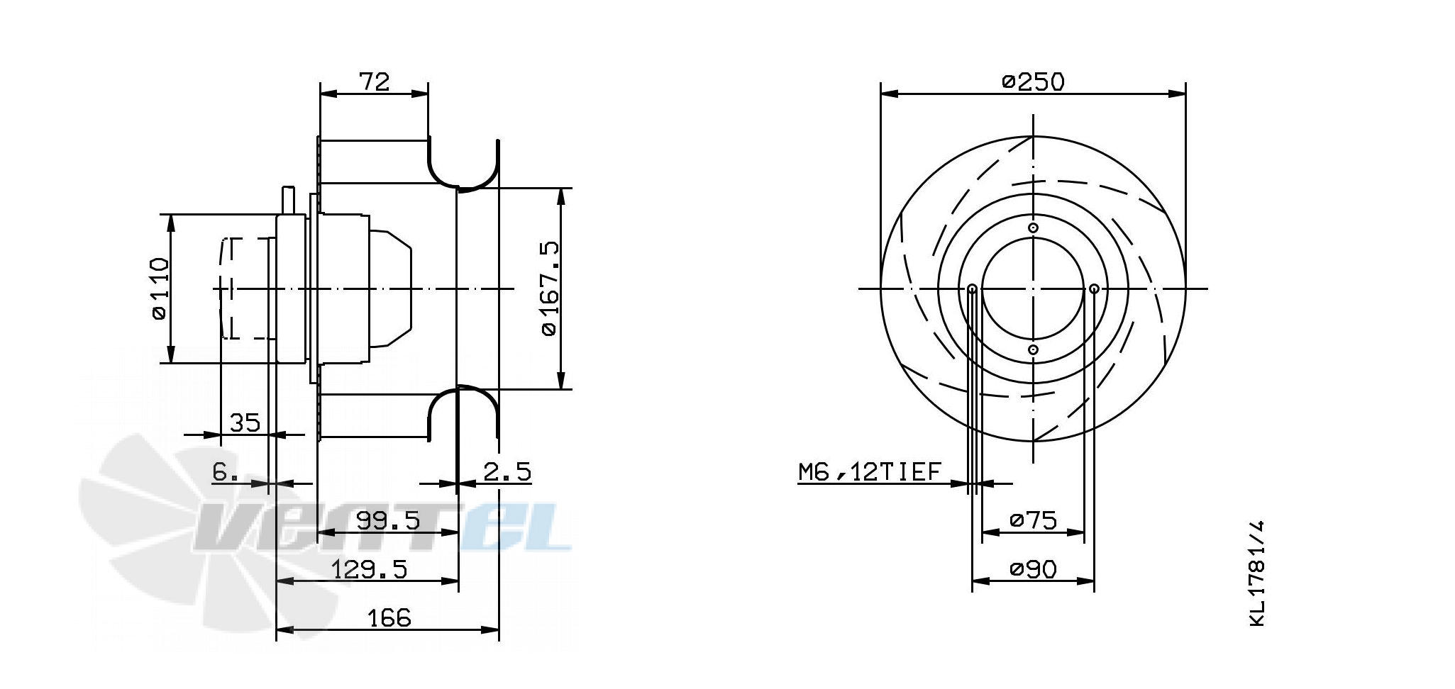 Габаритные и присоединительные размеры Ziehl-abegg RH25M-2DK.1E.2RR