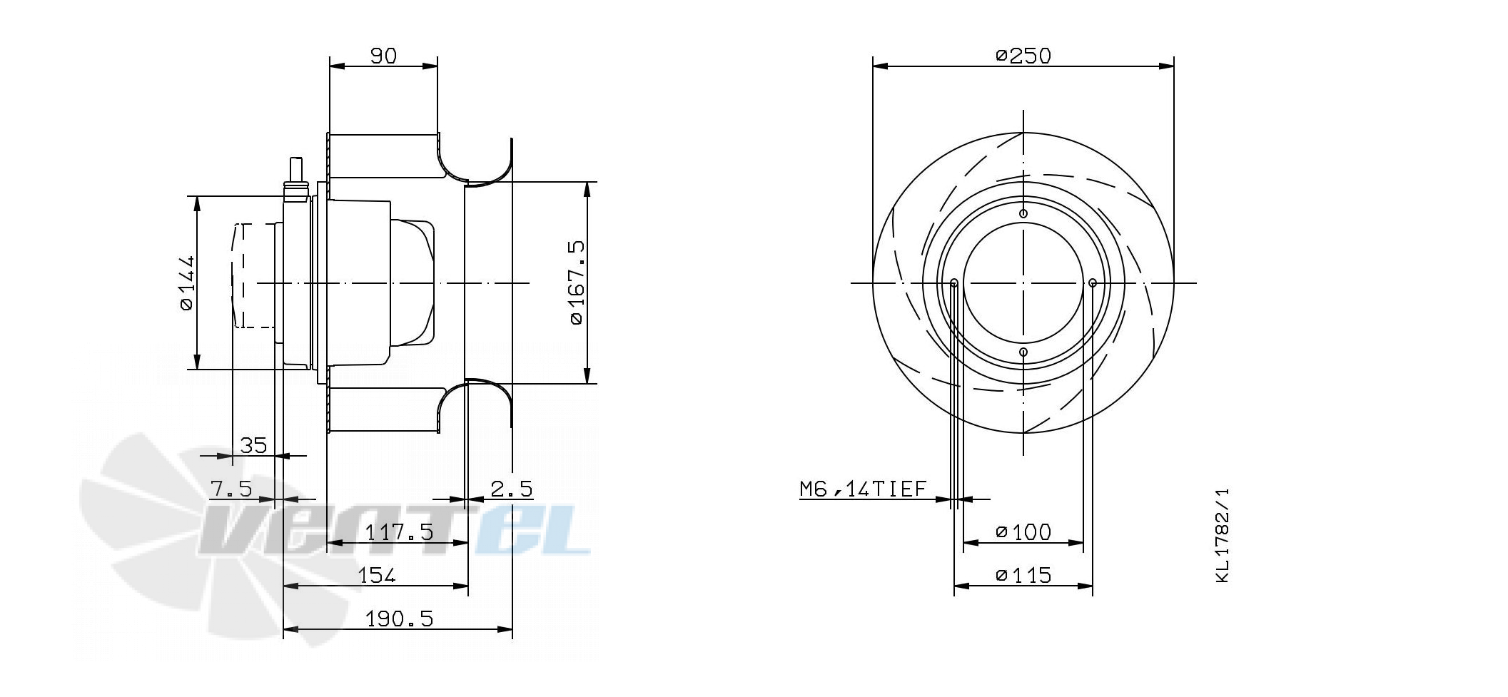 Габаритные и присоединительные размеры Ziehl-abegg RH25M-2DK.3B.1RR