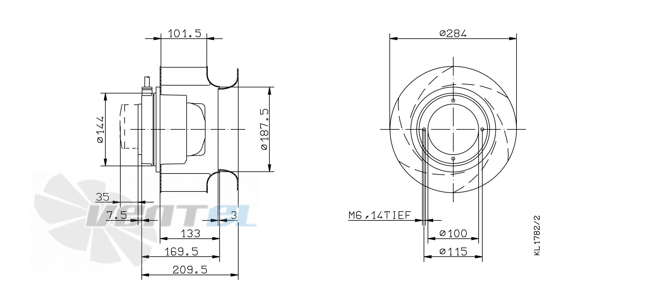 Габаритные и присоединительные размеры Ziehl-abegg RH28M-2DK.3F.1RR