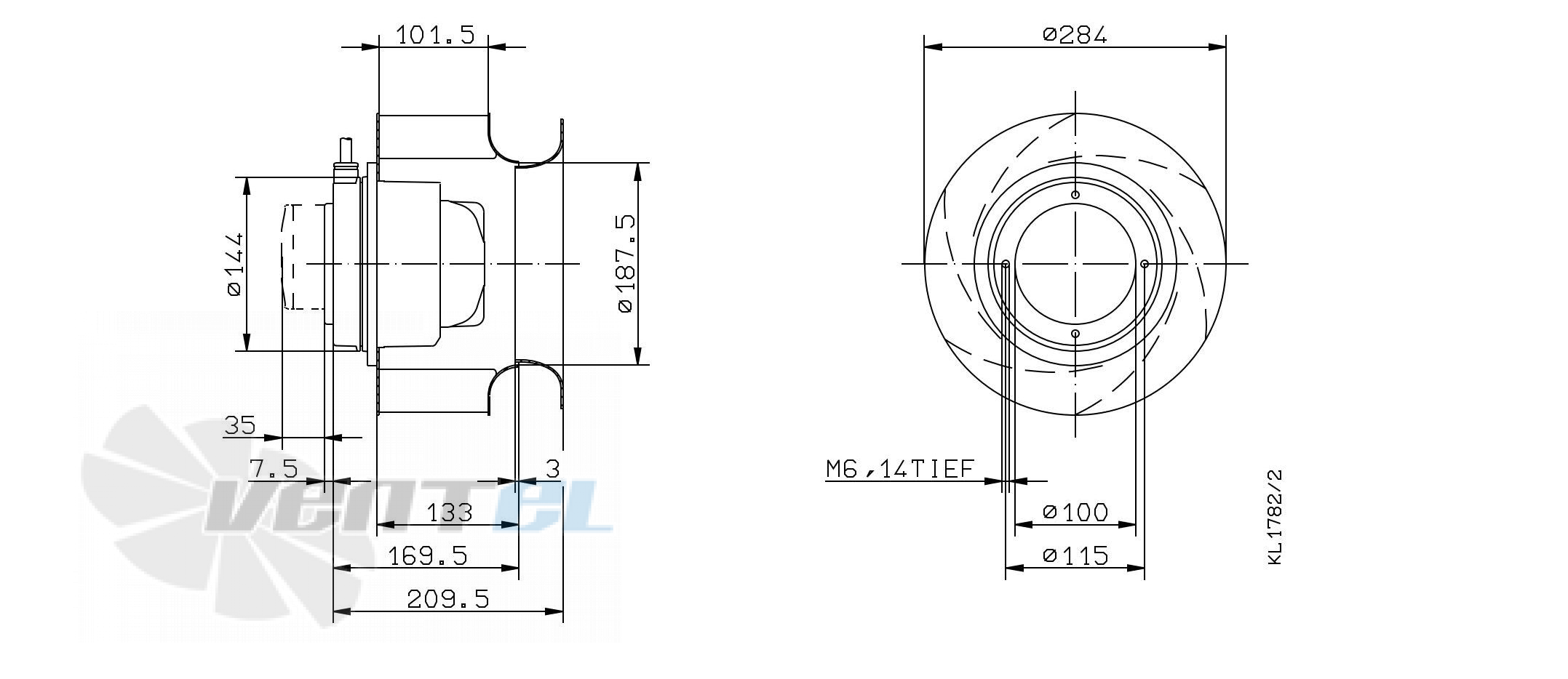 Габаритные и присоединительные размеры Ziehl-abegg RH28M-2DK.3I.1RR
