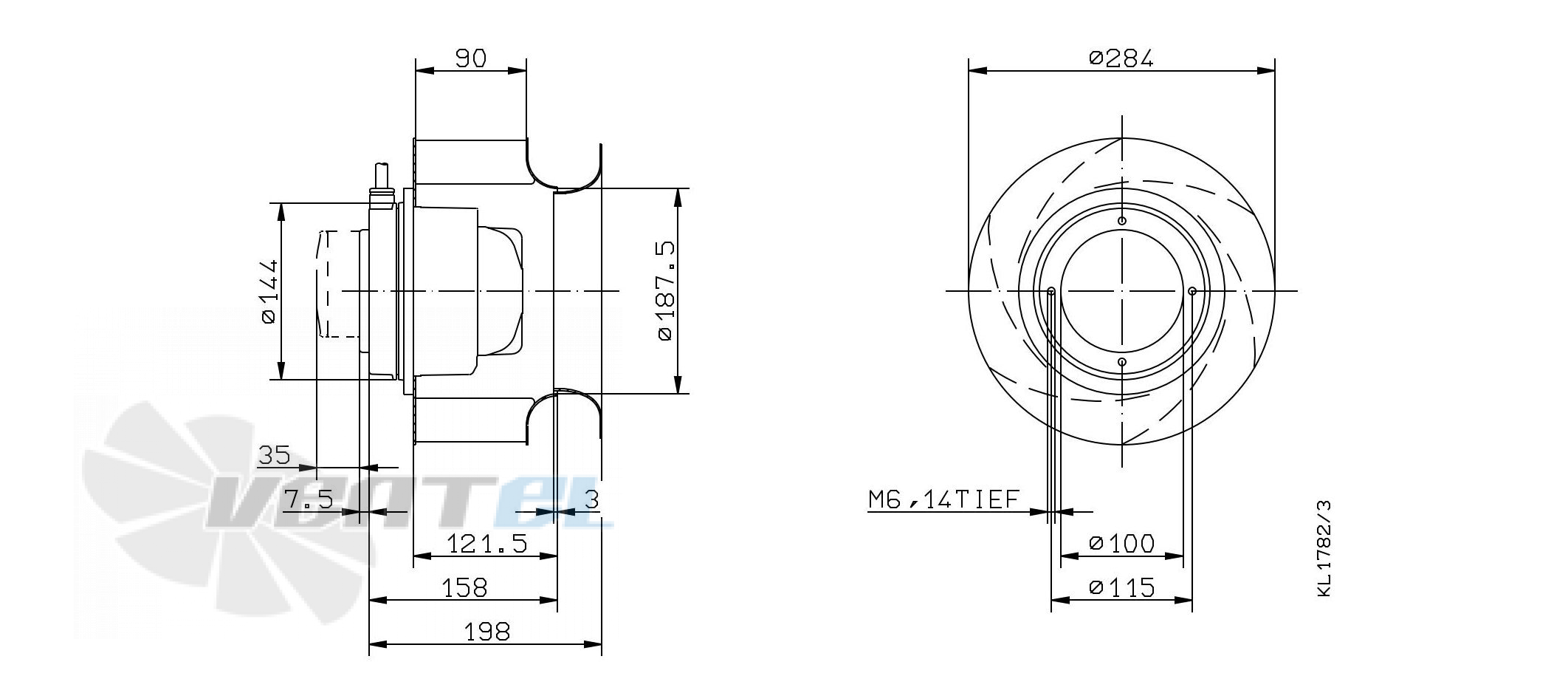 Габаритные и присоединительные размеры Ziehl-abegg RH28M-2EK.3F.2RR