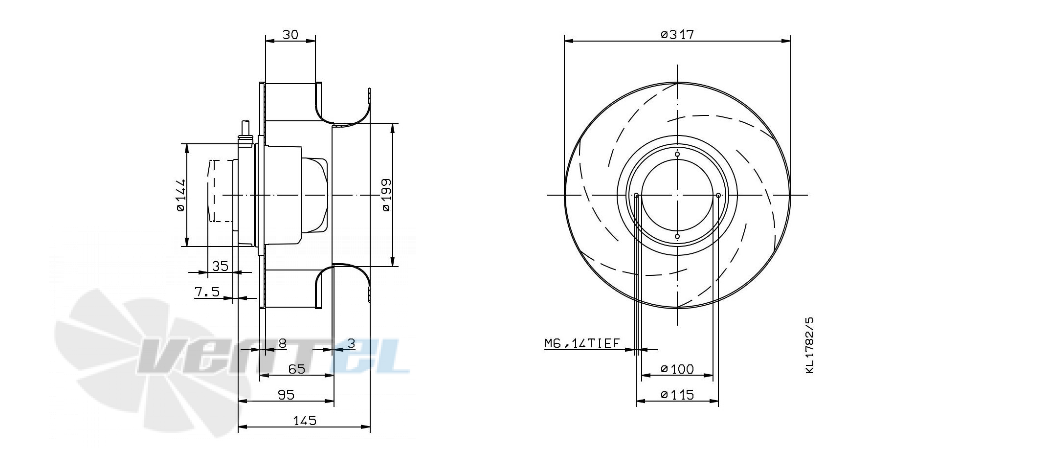 Габаритные и присоединительные размеры Ziehl-abegg RH31M-2DK.3B.3RR