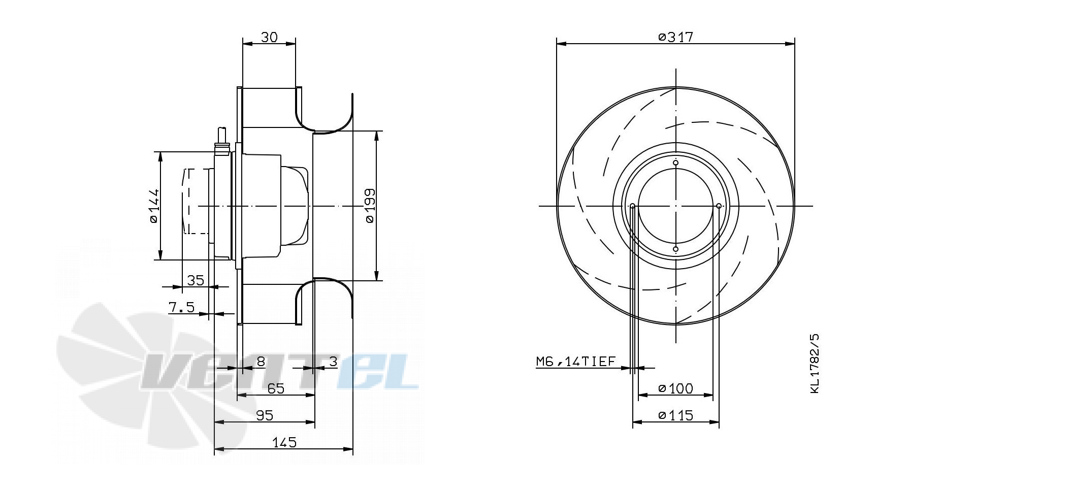 Габаритные и присоединительные размеры Ziehl-abegg RH31M-2EK.3F.3RR