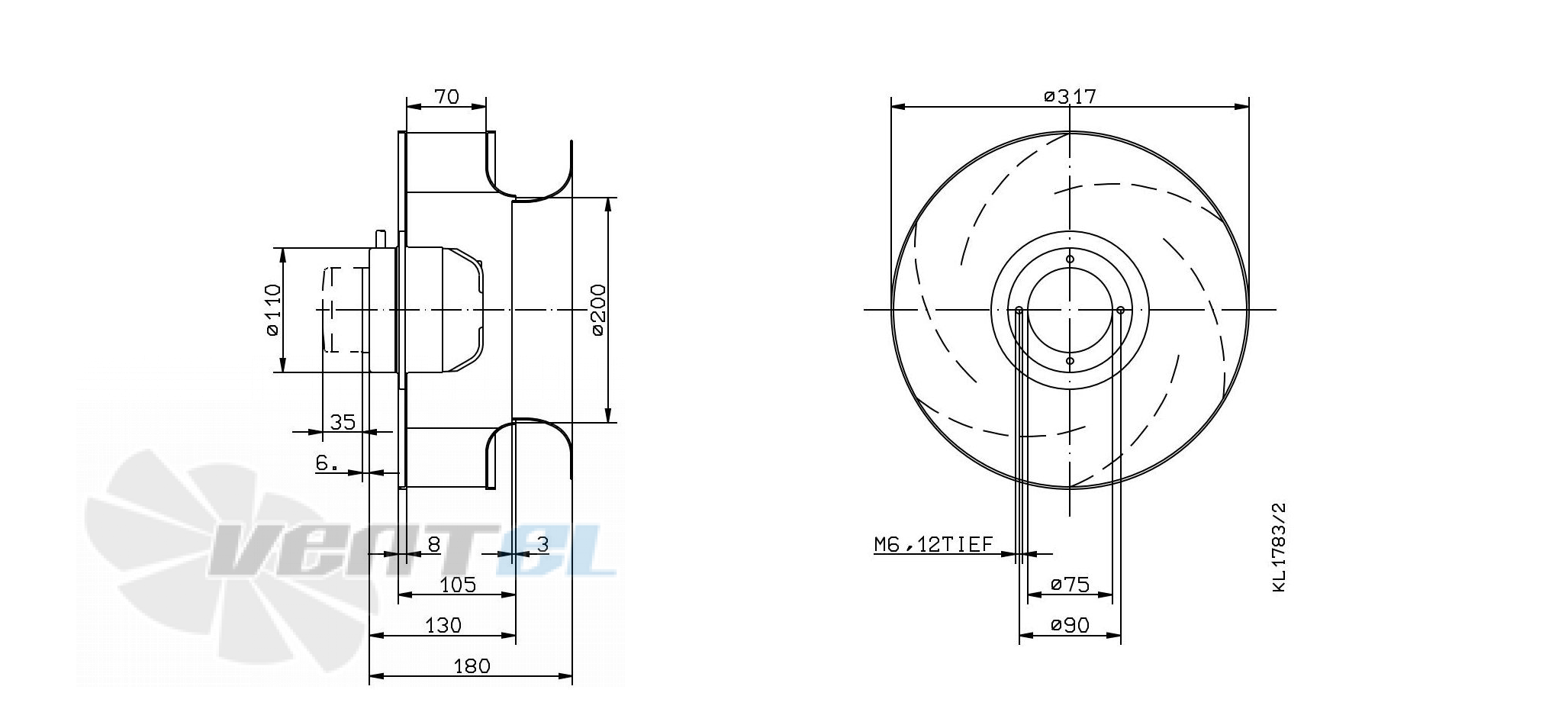 Габаритные и присоединительные размеры Ziehl-abegg RH31M-4DK.2A.2RR