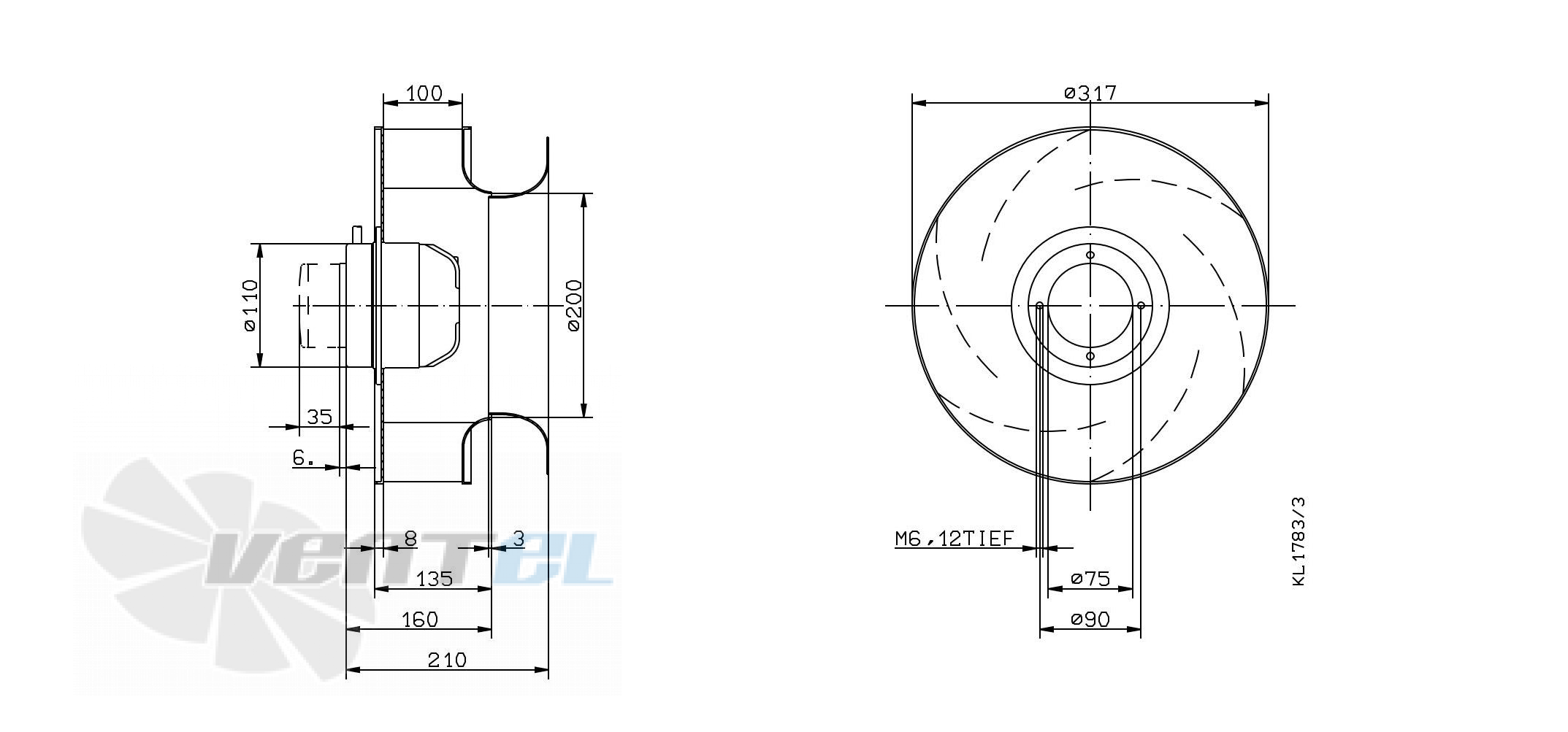 Габаритные и присоединительные размеры Ziehl-abegg RH31M-4EK.2C.1RR
