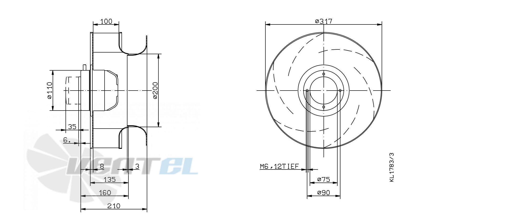 Габаритные и присоединительные размеры Ziehl-abegg RH31M-6DK.2A.1RR
