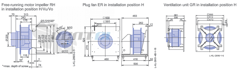 Ziehl-abegg RH40C-ZID.GG.CR 3ф 380V габаритные и присоединительные размеры, диаметр, рабочее колесо
