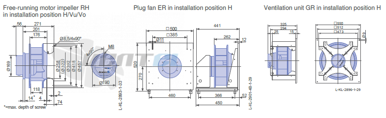 Ziehl-abegg GR40C-ZIK.DC.CR  3ф 220V габаритные и присоединительные размеры, диаметр, рабочее колесо