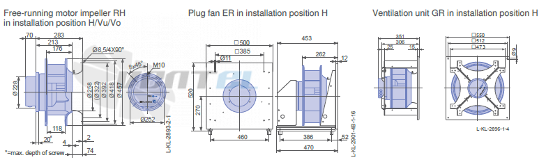 Ziehl-abegg GR40C-ZIK.GG.CR 3ф 380V габаритные и присоединительные размеры, диаметр, рабочее колесо