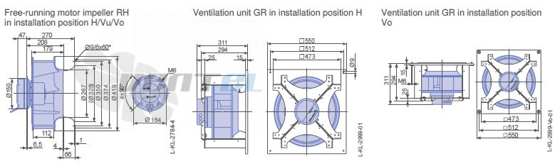 Ziehl-abegg GR40V-6IK.BF.1R  1- фазный 220V габаритные и присоединительные размеры, диаметр, рабочее колесо