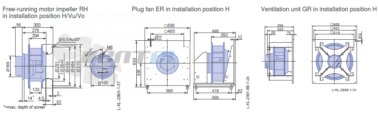 Ziehl-abegg ER45C-ZIK.DC.CR 1ф 220V габаритные и присоединительные размеры, диаметр, рабочее колесо