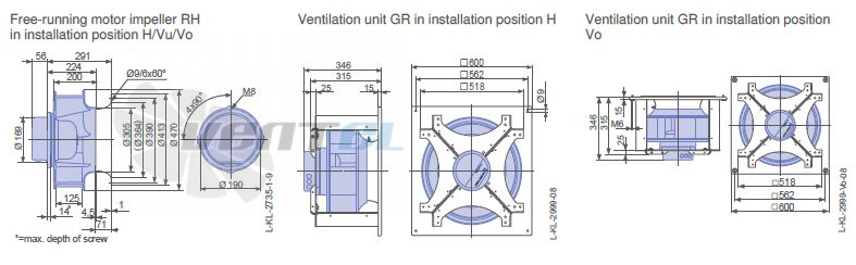 Ziehl-abegg RH45V-ZIK.DC.1R  3- фазный 220V габаритные и присоединительные размеры, диаметр, рабочее колесо