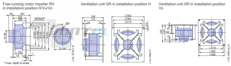 Ziehl-abegg GR45V-ZIK.DC.1R  1- фазный 220V габаритные и присоединительные размеры, диаметр, рабочее колесо