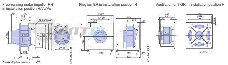 Ziehl-abegg ER50C-ZID.GG.CR 3ф 220V габаритные и присоединительные размеры, диаметр, рабочее колесо