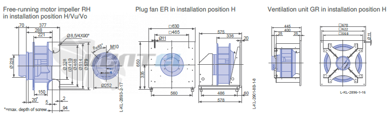 Ziehl-abegg GR50C-ZID.GG.CR 3ф 380V габаритные и присоединительные размеры, диаметр, рабочее колесо