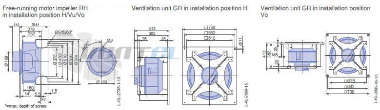 Ziehl-abegg RH56V-ZIK.DG.1R 3- фазный 380V габаритные и присоединительные размеры, диаметр, рабочее колесо