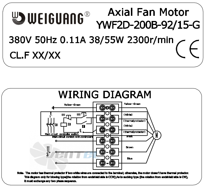 Схема подключения, шильдик Weiguang YWF-2D-200-B-92/15-G
