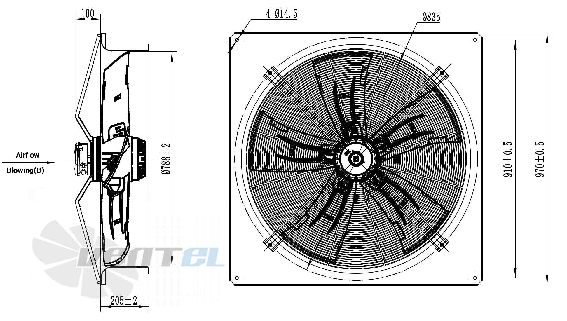 Габаритные размеры Weiguang YWF6D-800B-180/105A-B 1.9 кВт